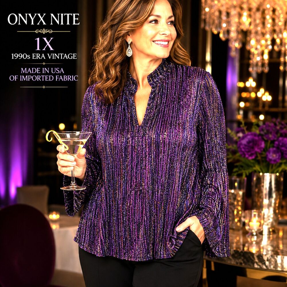 Vintage 90s Glam Onyx Nite 1X Womens Dark Purple/Pink Metallic Sparkle Top USA